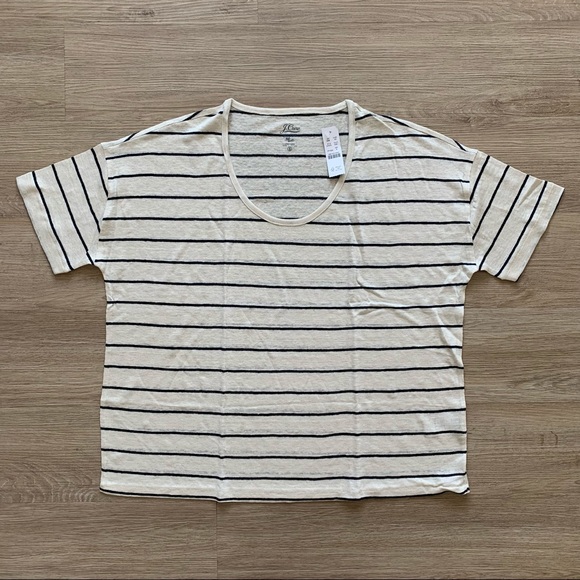 J. Crew Linen Scoopneck T-shirt Navy Ivory Size S - Picture 2 of 8